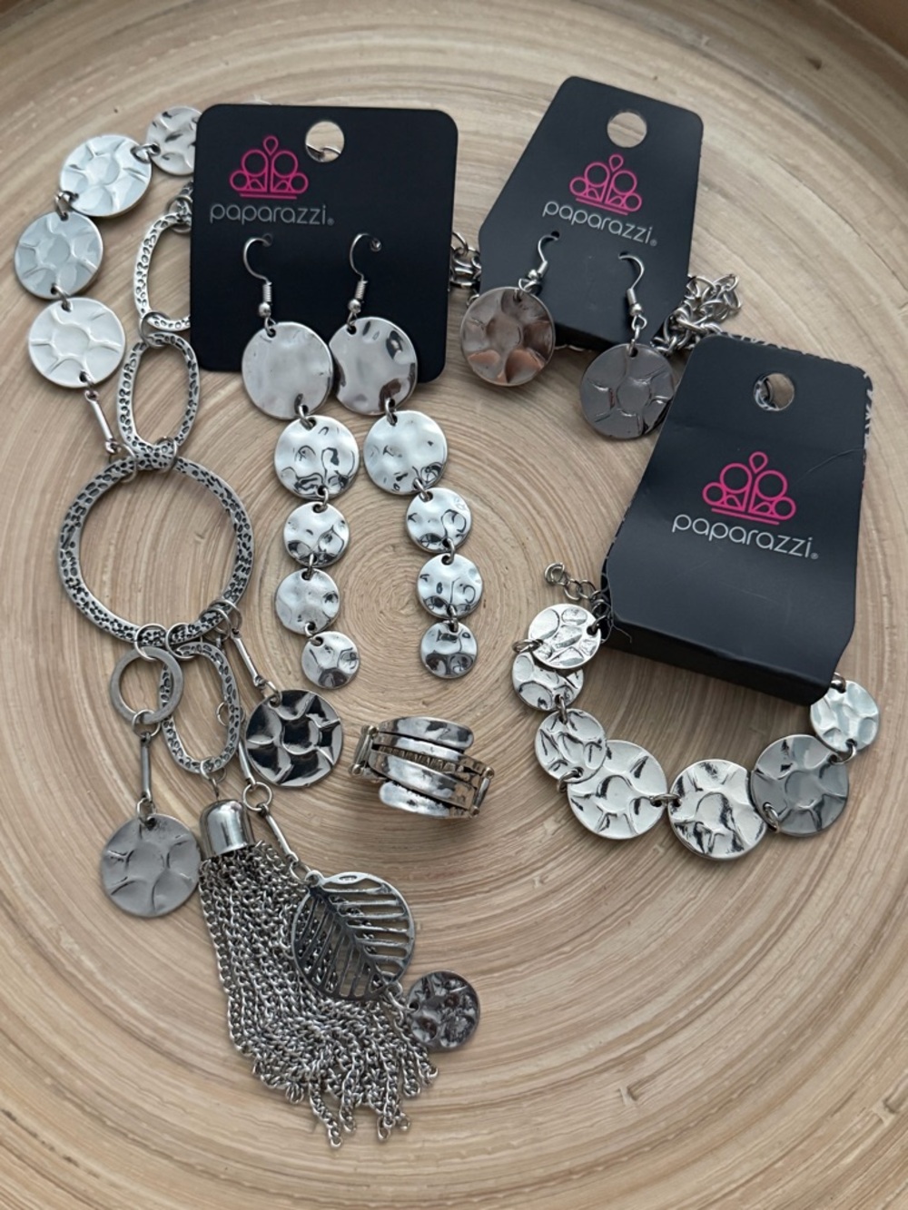 Vintage SS-0120 Paparazzi Silver Textured Disc Jewelry Set